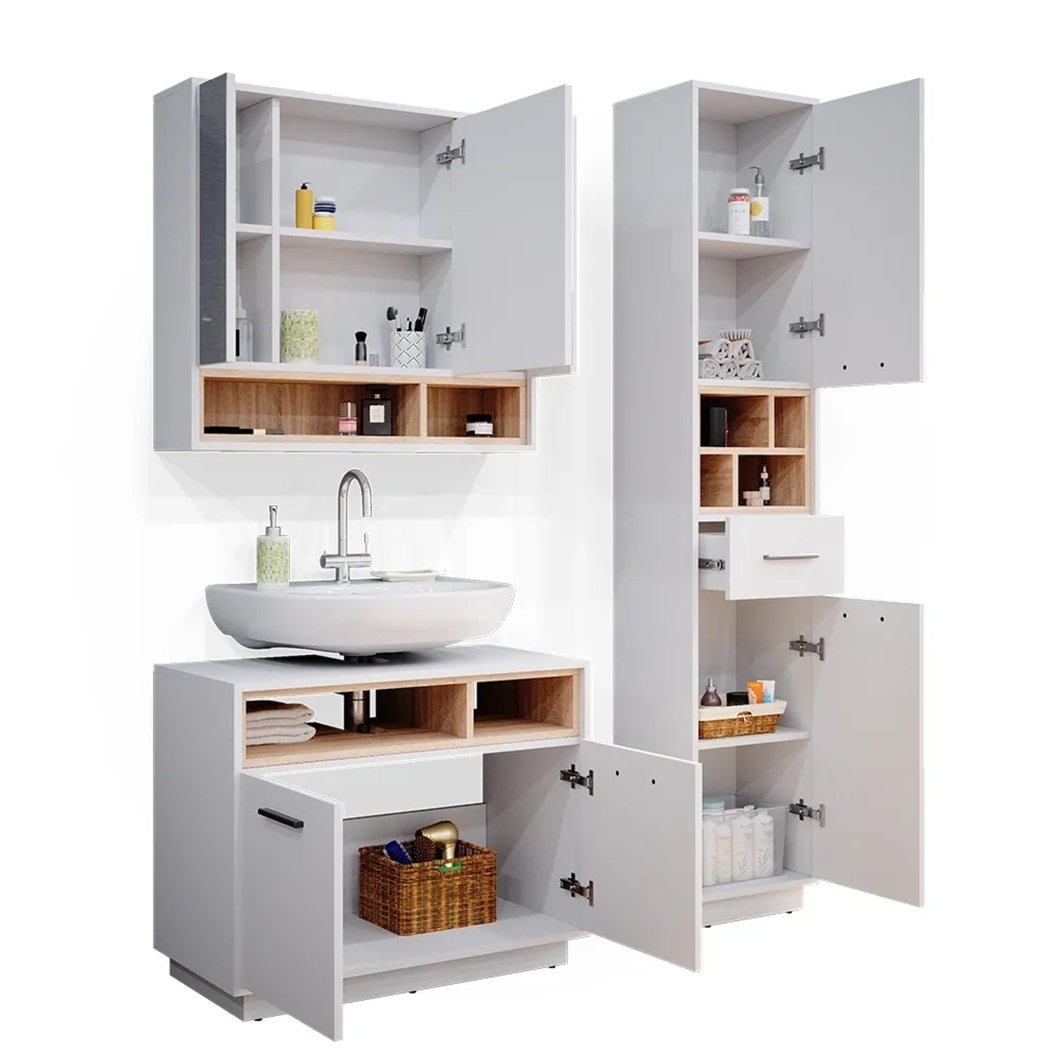 Vicco Badmöbel-Set Beatrice, 3-teilig, Weiß/Sonoma mit Spiegelschrank, Waschbeckenunterschrank und Hochschrank.