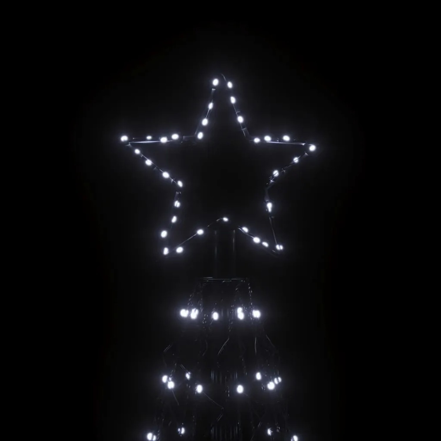 LED-Weihnachtsbaum in Kegelform mit kaltweißen Lichtern und Sternspitze.