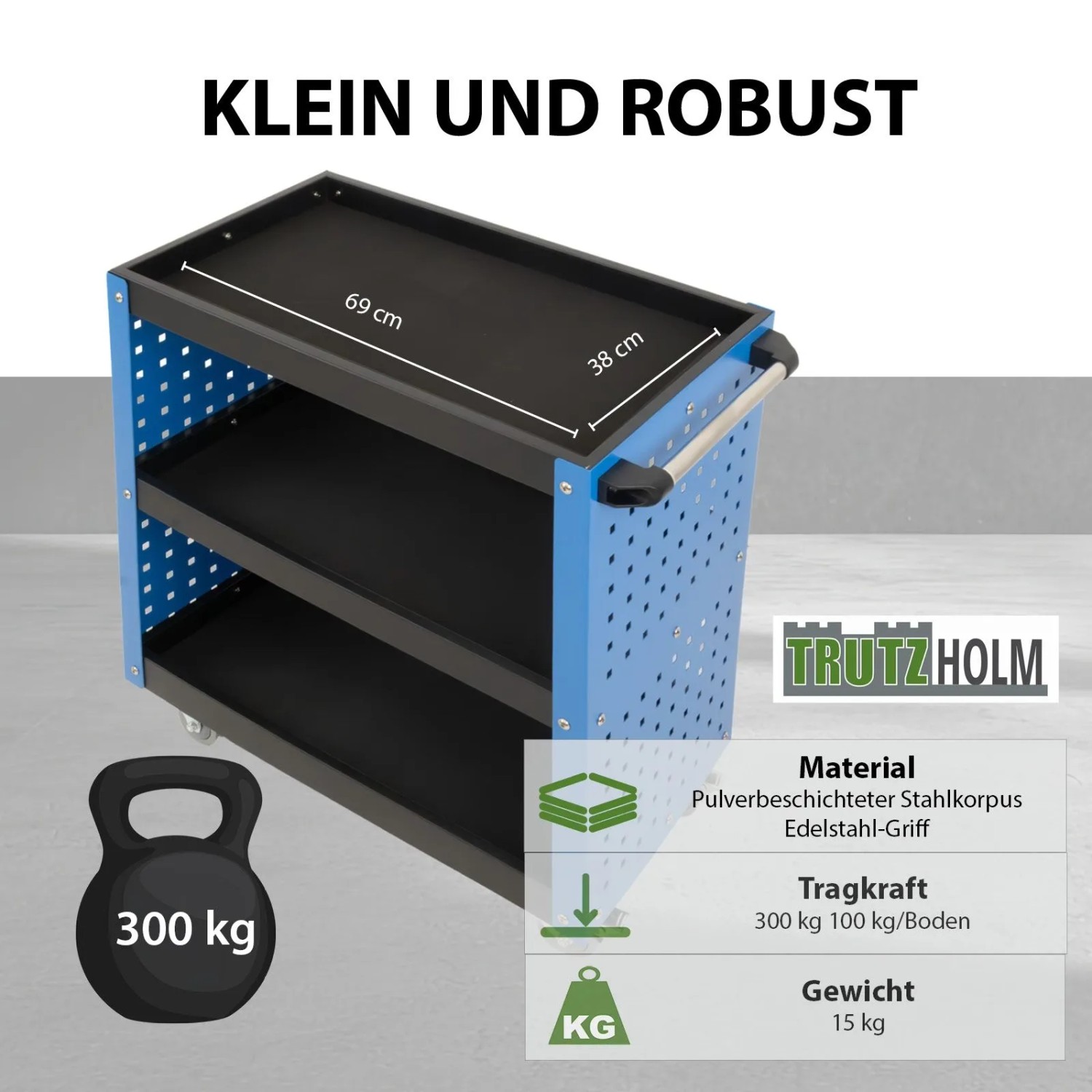 Blauer TRUTZHOLM Werkstattwagen aus Stahl mit 3 Etagen, Rollen und 300kg Tragkraft. Robust und mobil.