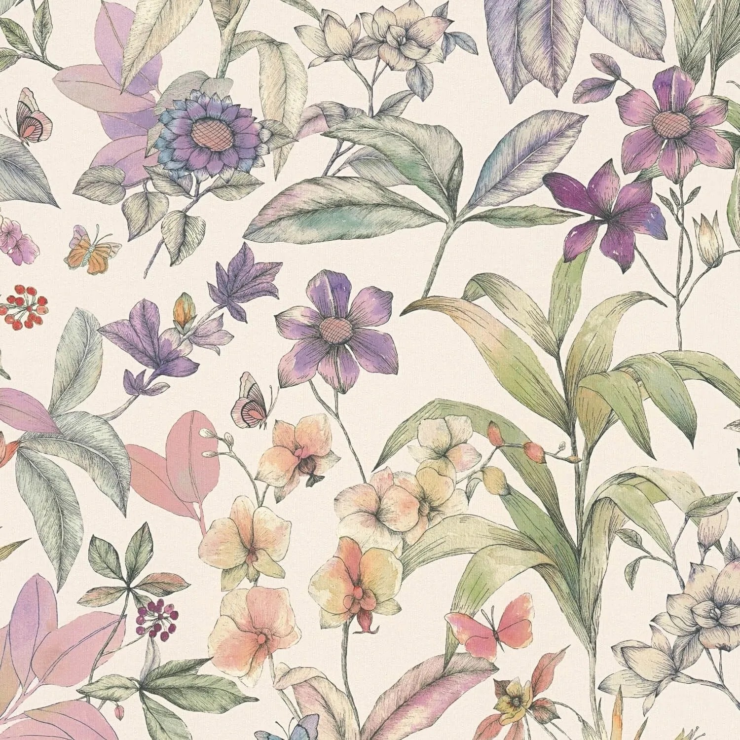PROFHOME 791872-GU Blumen Tapete Floral Matt Weiß Lila Oliv-Grün Schwarz 0,53 m x 10,05 m 5,33 m2
