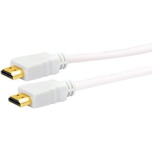Weißes Schwaiger HDMI-Kabel (3 m) mit Ethernet-Anschluss und vergoldeten Kontakten.