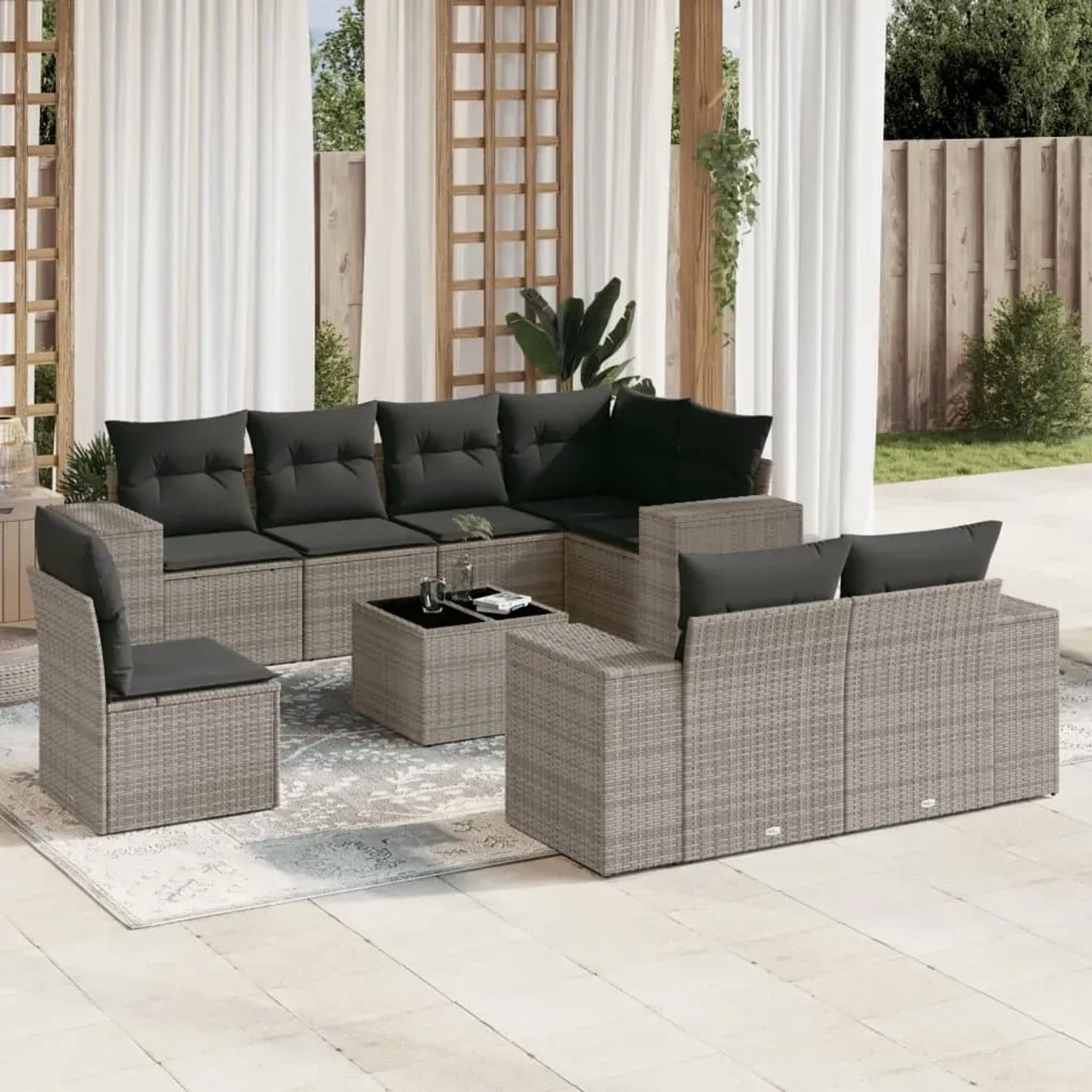 Graue 9-tlg. vidaXL Garten-Sofagarnitur aus Polyrattan mit dunklen Kissen für Terrasse und Garten.