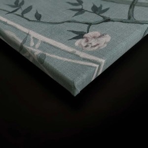 Türkis-mintfarbenes Leinwandbild mit Vögeln und Blüten, Wanddeko für Wohnräume.
