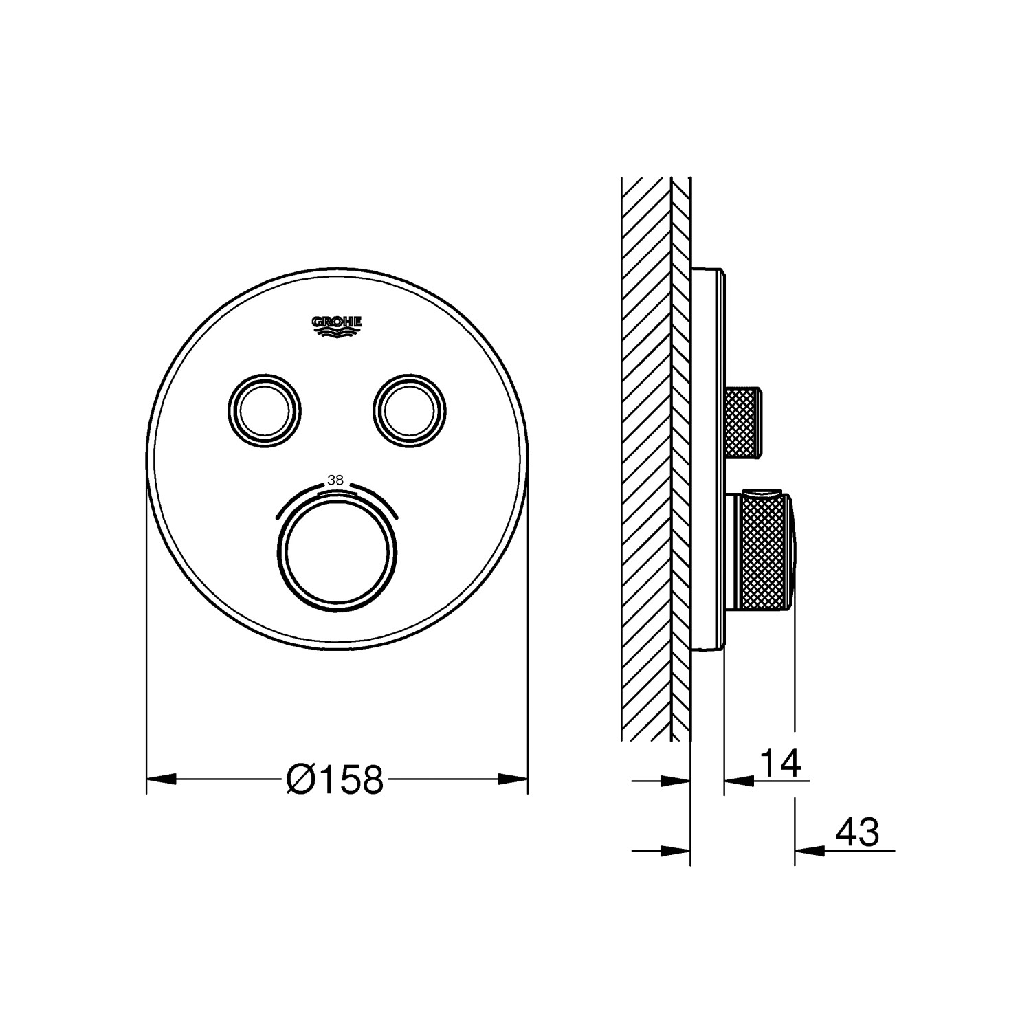 Technische Zeichnung: Grohe Grohtherm SmartControl Thermostat, Moon White, runde Wandrosette mit Maßen.