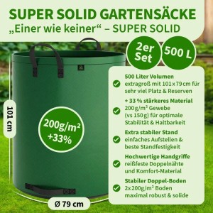 TTL GARDEN SUPER SOLID Gartensack 500 L 2er Set – 200 g/qm Extra Großer Garten Abfallsack Grün Reißfest