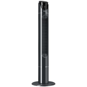 Anthrazitfarbener Tectake Turmventilator, oszillierend, mit LED-Display und breitem Standfuß. 3 Modi, 3 Stufen.