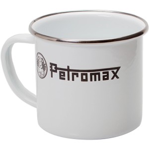 Weißer Petromax Emaille-Becher mit Logo, ideal für Grill & Camping.