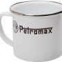 Weißer Petromax Emaille-Becher mit Logo, ideal für Grill & Camping.