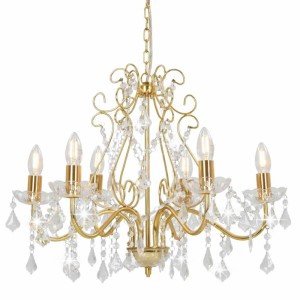 Goldener Kronleuchter mit Kristallperlen, 6xE14 Fassungen, rund, für Lampen & Leuchten.