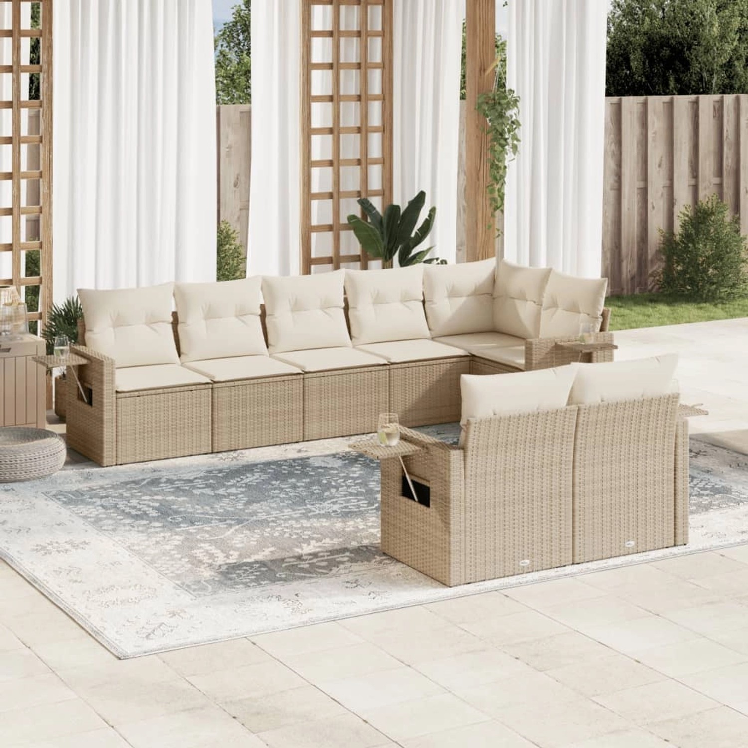 Beige 8-tlg. vidaXL Garten-Sofagarnitur aus Poly Rattan mit Kissen. Gartenmöbel Set mit Stauraum.