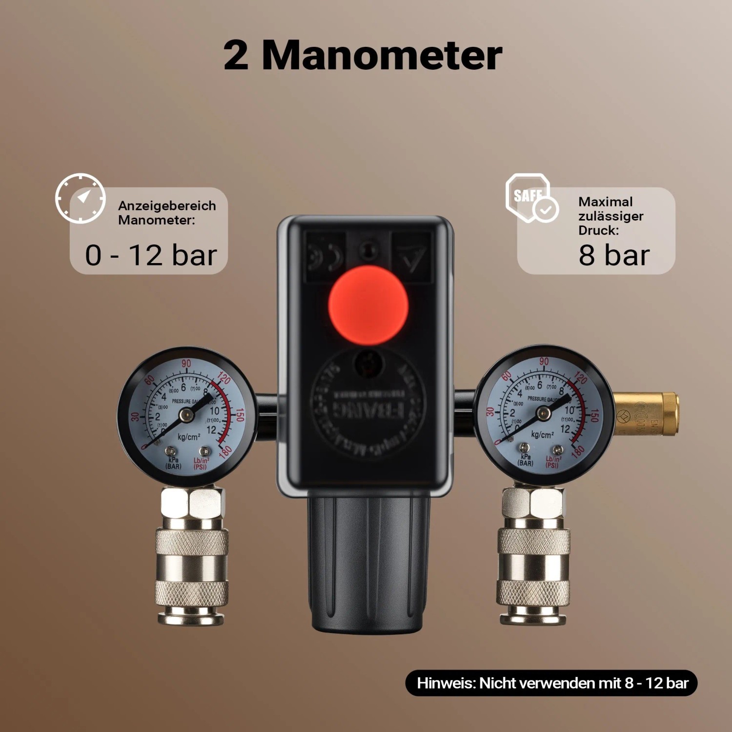 Wiltec Druckregler für Kompressor mit 2 Manometern (0-12 bar), 2 Schnellkupplungen. Max. 8 bar, nicht für 8-12 bar Betrieb.