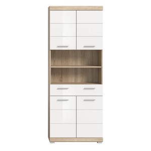 Hochschrank Lambada in Eiche Hell/Weiß Hochglanz mit offenen Fächern. Bad-Standregal.