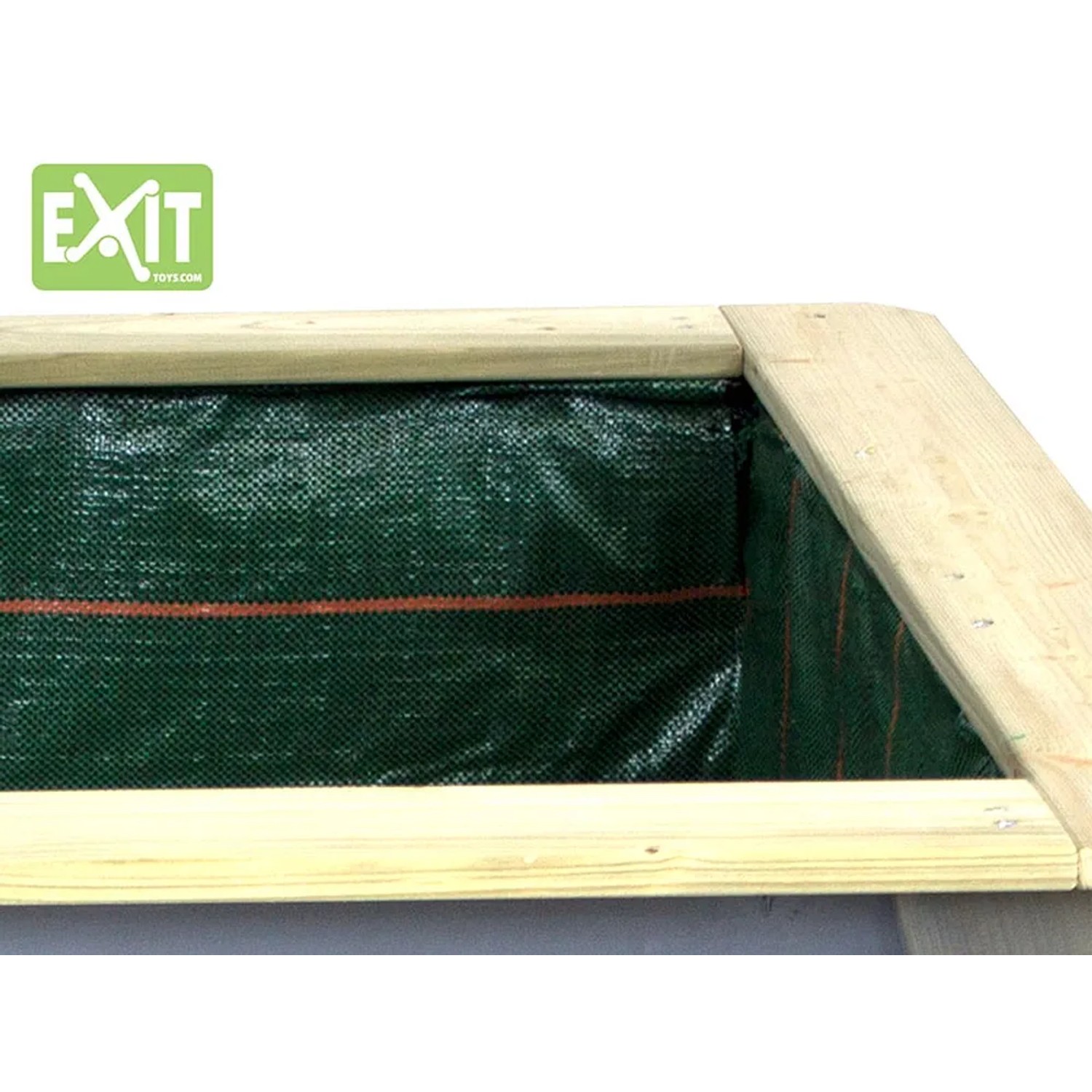 Detailansicht des EXIT Aksent Hochbeet L aus Holz, Innenseite mit grüner Folie ausgelegt.