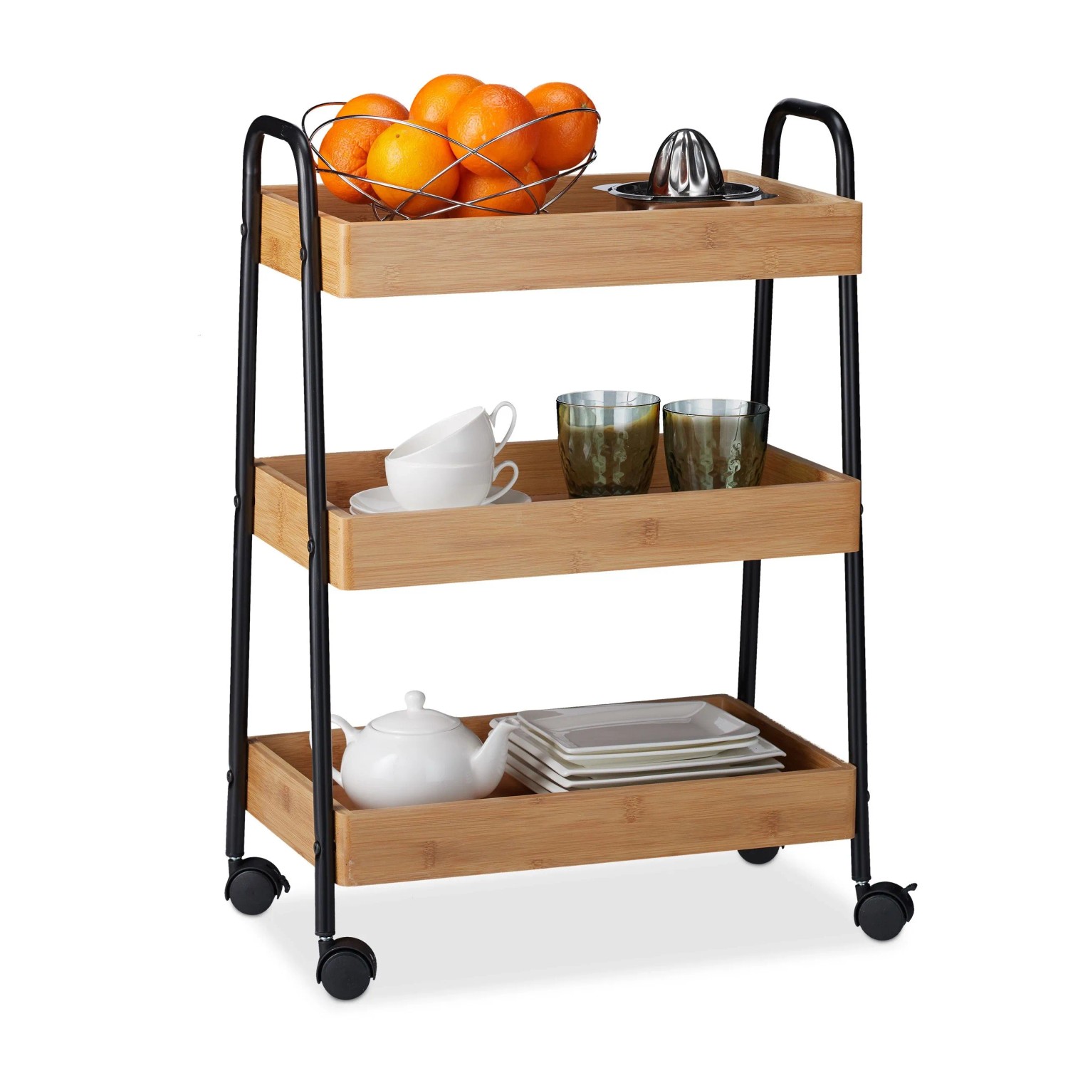 Relaxdays Servierwagen Bambus Stahl Schwarz Rollbar 70 cm x 49,5 cm x 28 cm 4 kg