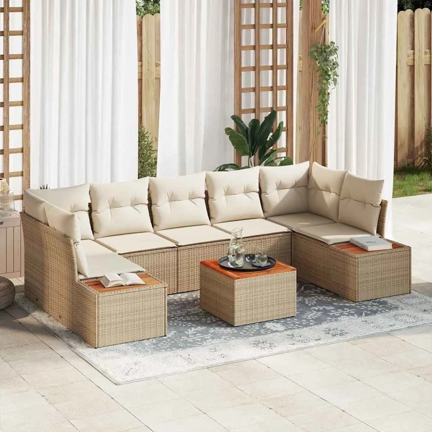 Beiges 8-teiliges vidaXL Garten-Sofa-Set aus Poly Rattan mit Kissen und Tisch.