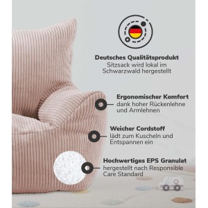 Rosa mokebo Kindersessel 'Pausenheld' aus Cord, bequemer Kindersitzsack für Kinderzimmer.