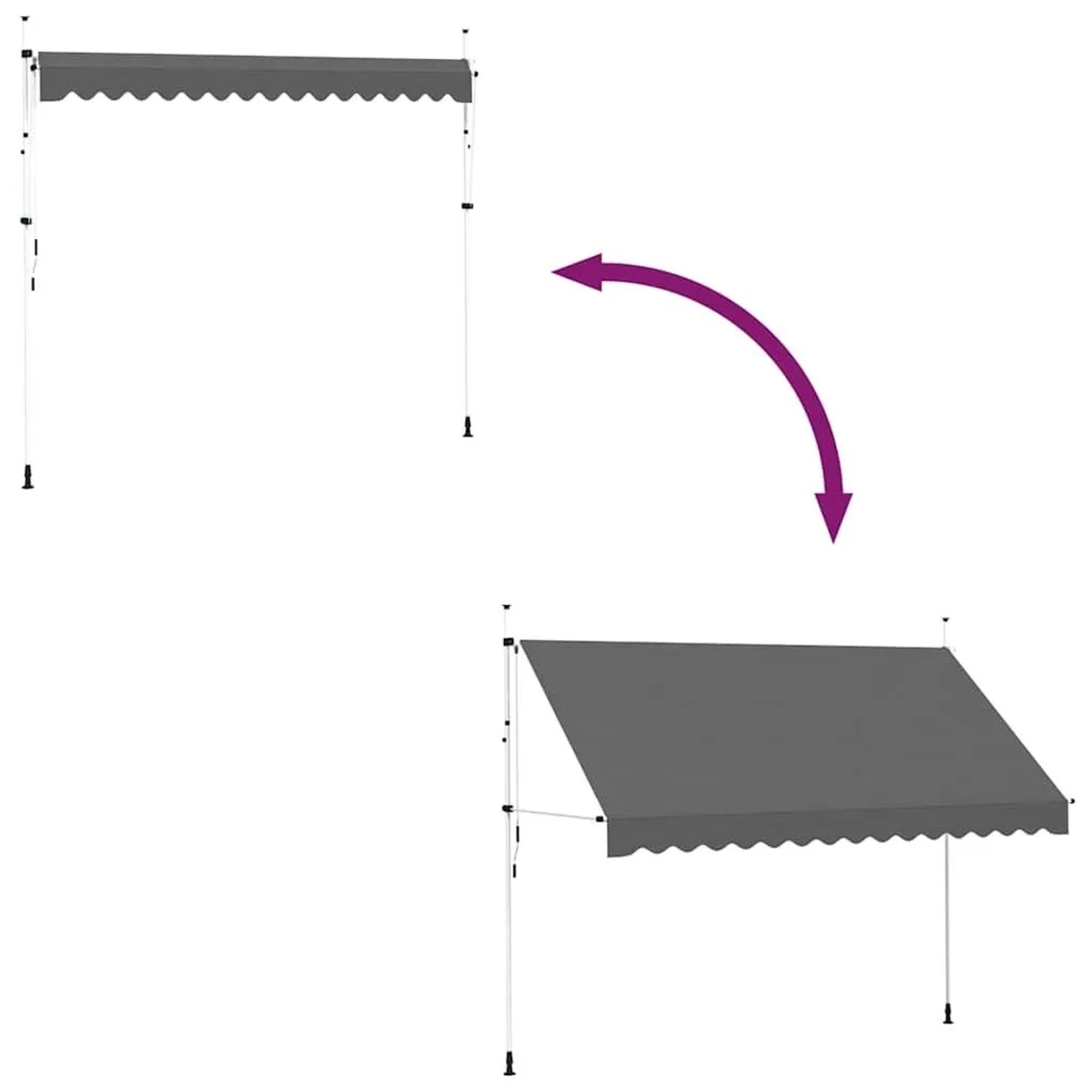 Anthrazitfarbene, einziehbare vidaXL Markise (350 cm) mit Handkurbel in zwei Positionen.