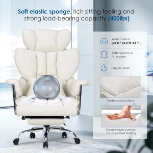 Weißer ergonomischer Bürostuhl aus Leder mit hoher Lehne, Lendenstütze, breitem Sitz. Wasserdichte Oberfläche, Home Office.