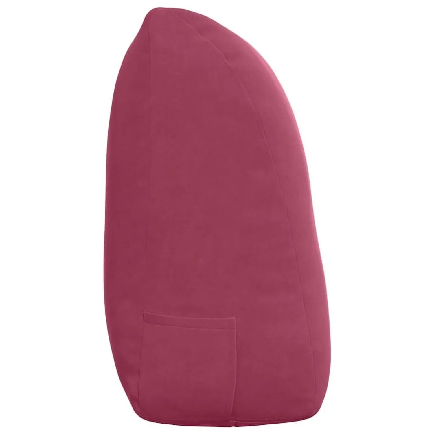 Weinrotes Samt-Rückenkissen mit ergonomischer Form und praktischer Seitentasche, ideal für Sofa oder Bett.
