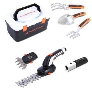Yard Force Vita Tool Box HX V05S: Gartenhandwerkzeug-Set mit Akku-Grasschere, Schaufel, Grubber und Grabegabel.