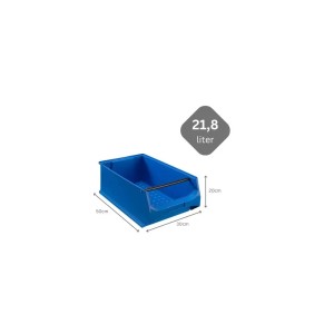 Blaue PROREGAL Sichtlagerbox (21,8 Liter) mit Griffstange, Teil des Aufbewahrungssystems.