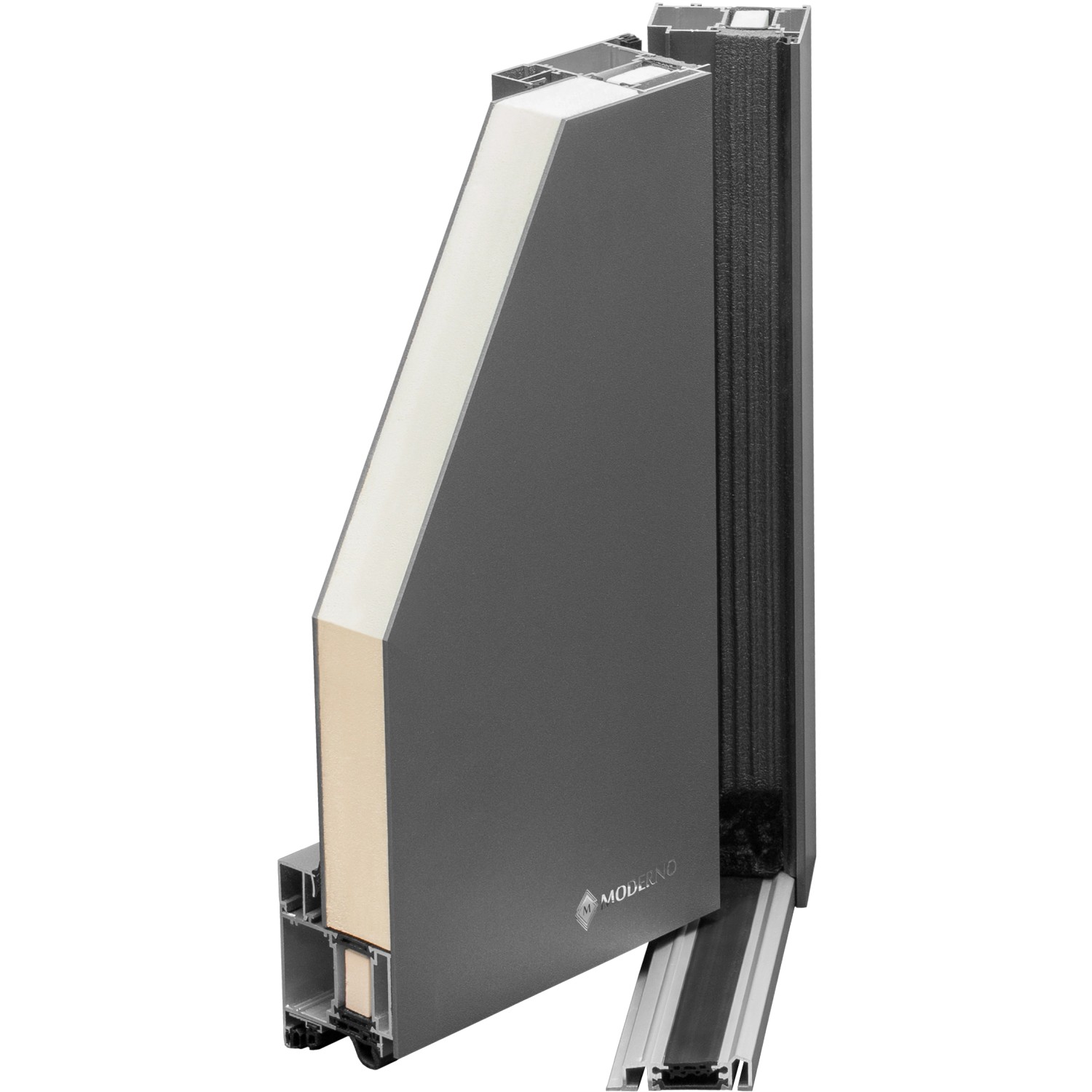 Querschnitt: Weiße Aluminium Haustür Moderno M310/B mit Wärmedämmung und 3-fach Verglasung.