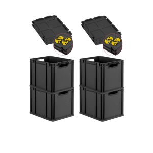 PROREGAL SuperSparSet: 4 schwarze Euroboxen mit Deckel und gelben Verschlüssen, 30 Liter.