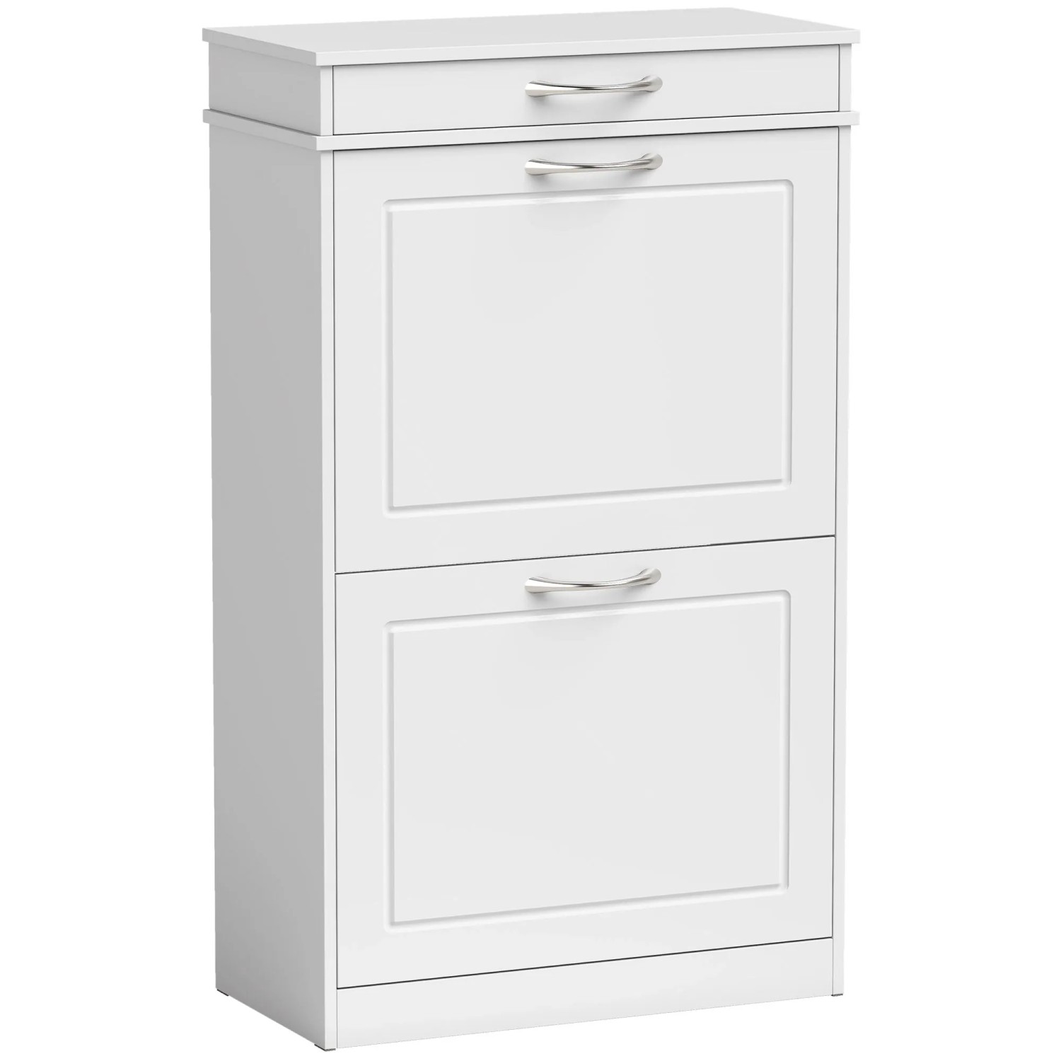Schlanker weißer Schuhschrank aus MDF mit 2 Klappfächern und Schublade, ideal für den Flur.