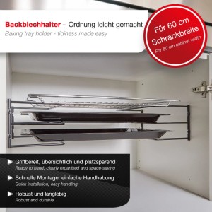 SOTECH Backblechhalter Schwarz Chrom für 3 Backbleche in weißem Küchenschrank. Ordentliche Küchenausstattung, platzsparend.