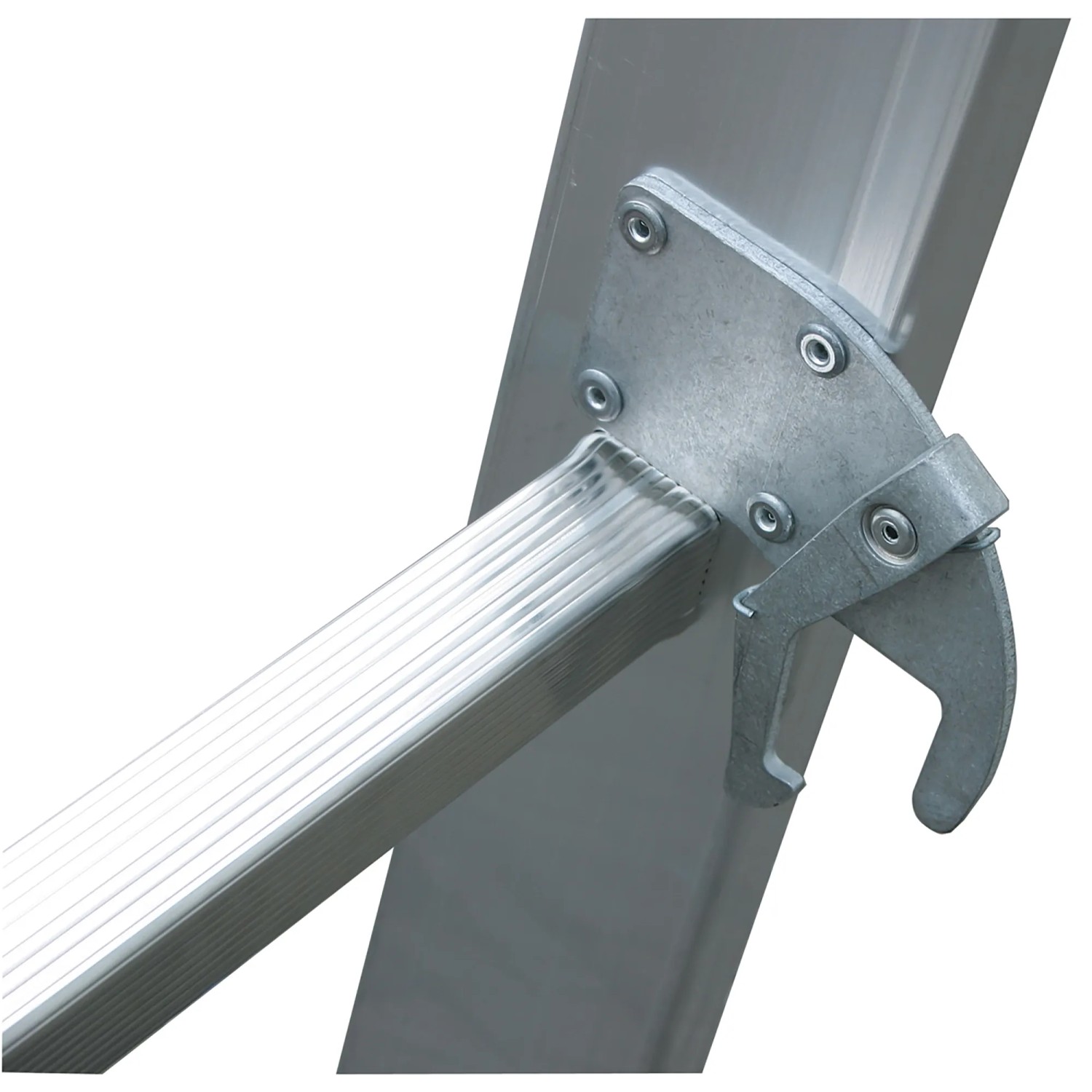 Detailaufnahme Krause Mehrzweckleiter Stabilo: Sprosse, Holmverbindung und Sperrhebel.