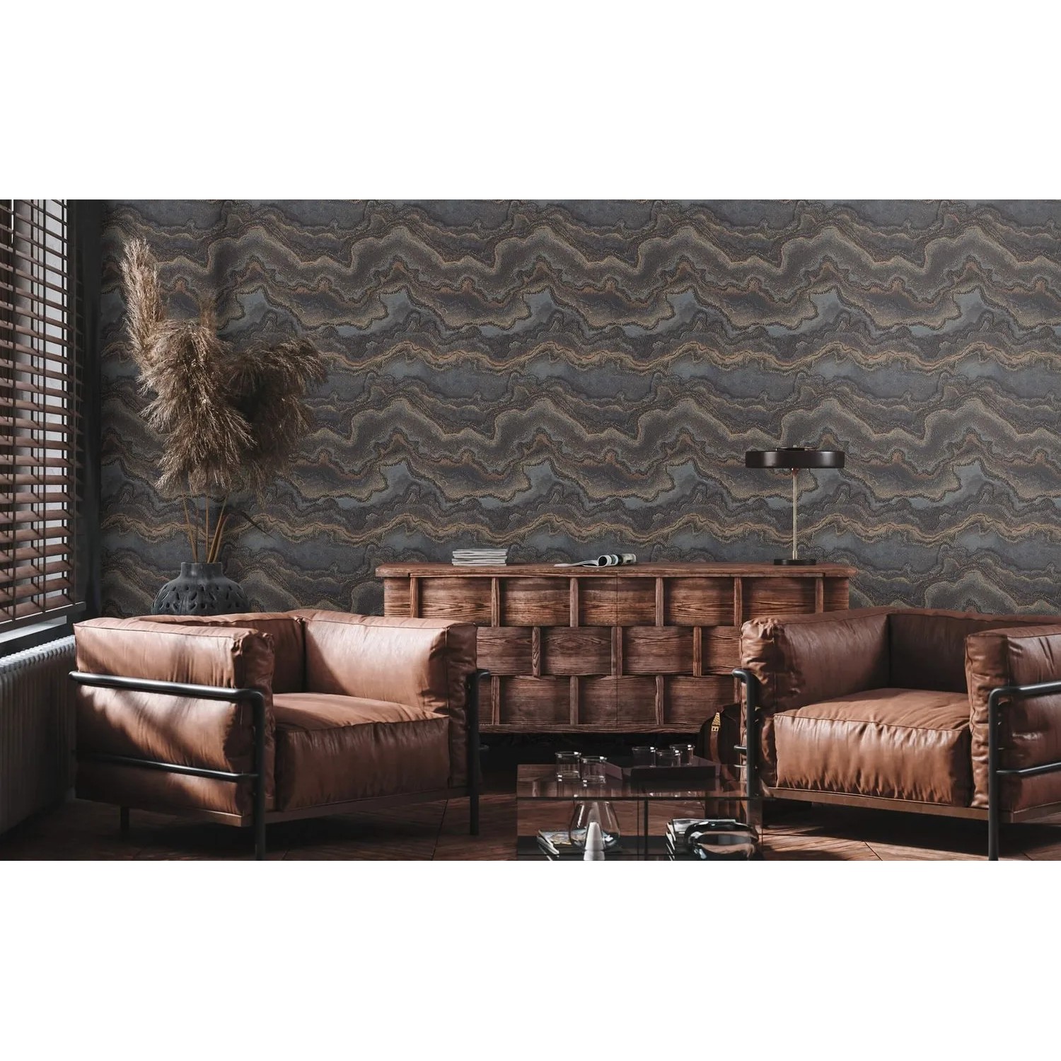 PROFHOME Vliestapete in Marmoroptik, schwarz-gold mit Metallic-Effekt.