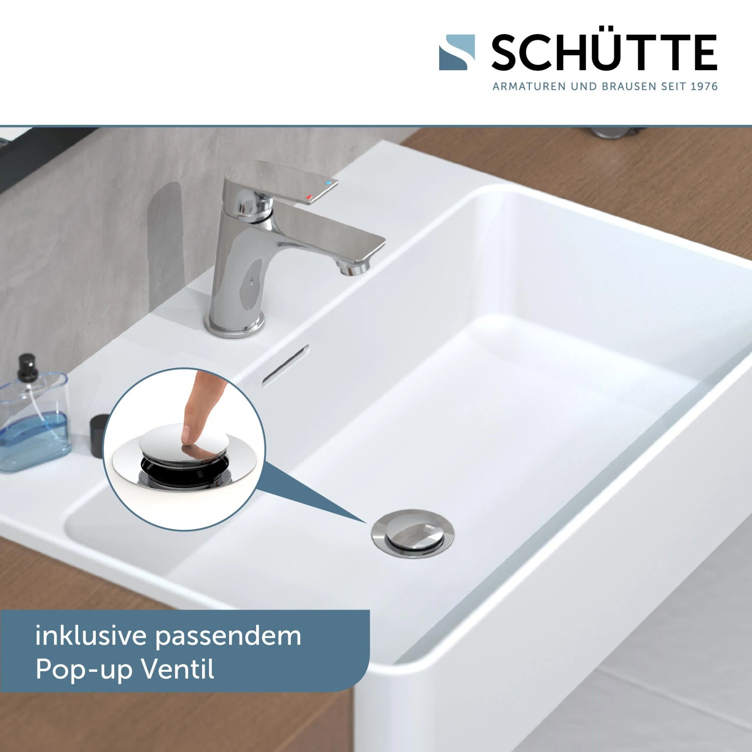 Schütt Waschtischarmatur Boston Chrom mit Pop-Up Ventil auf einem weißen Waschbecken.