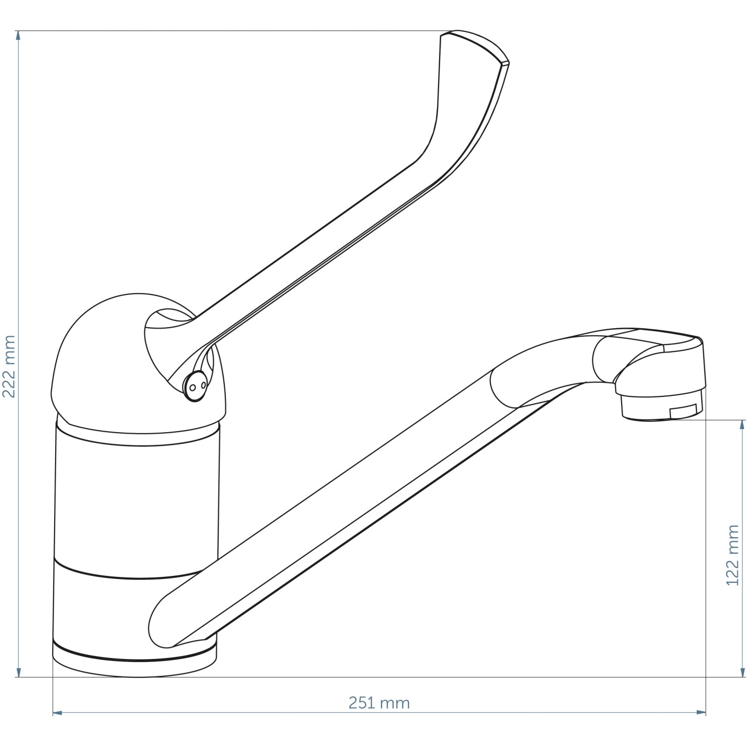 Skizze einer verchromten Schütte Küchenarmatur Vital, Einhebelmischer mit Maßangaben.