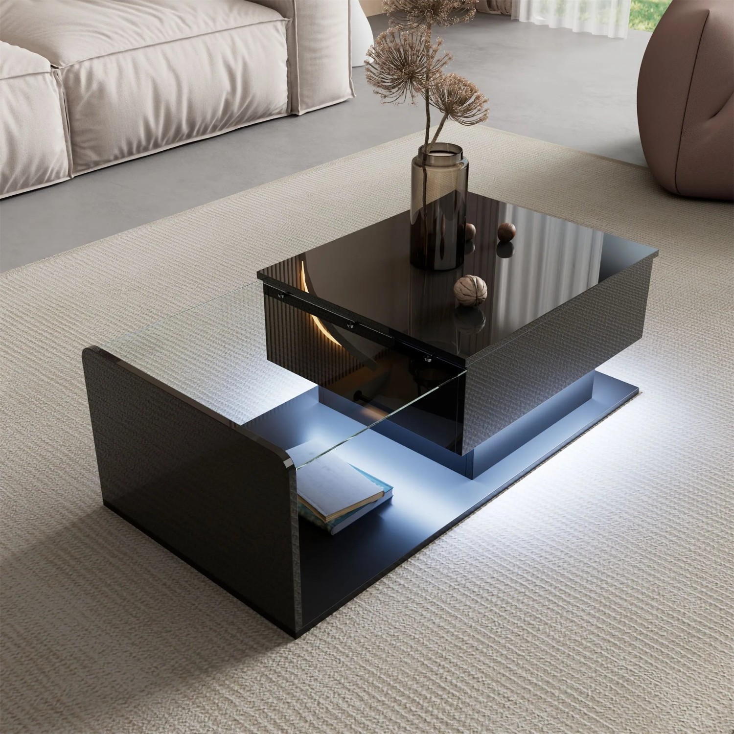 okwish Couchtisch mit Glas und LED-Effekt mit Glasplatte 100 × 50 cm Schwarz_4