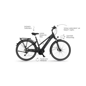 Schwarzes Fischer E-Bike Damen Viator 4.0i mit integriertem Akku und Mittelmotor.
