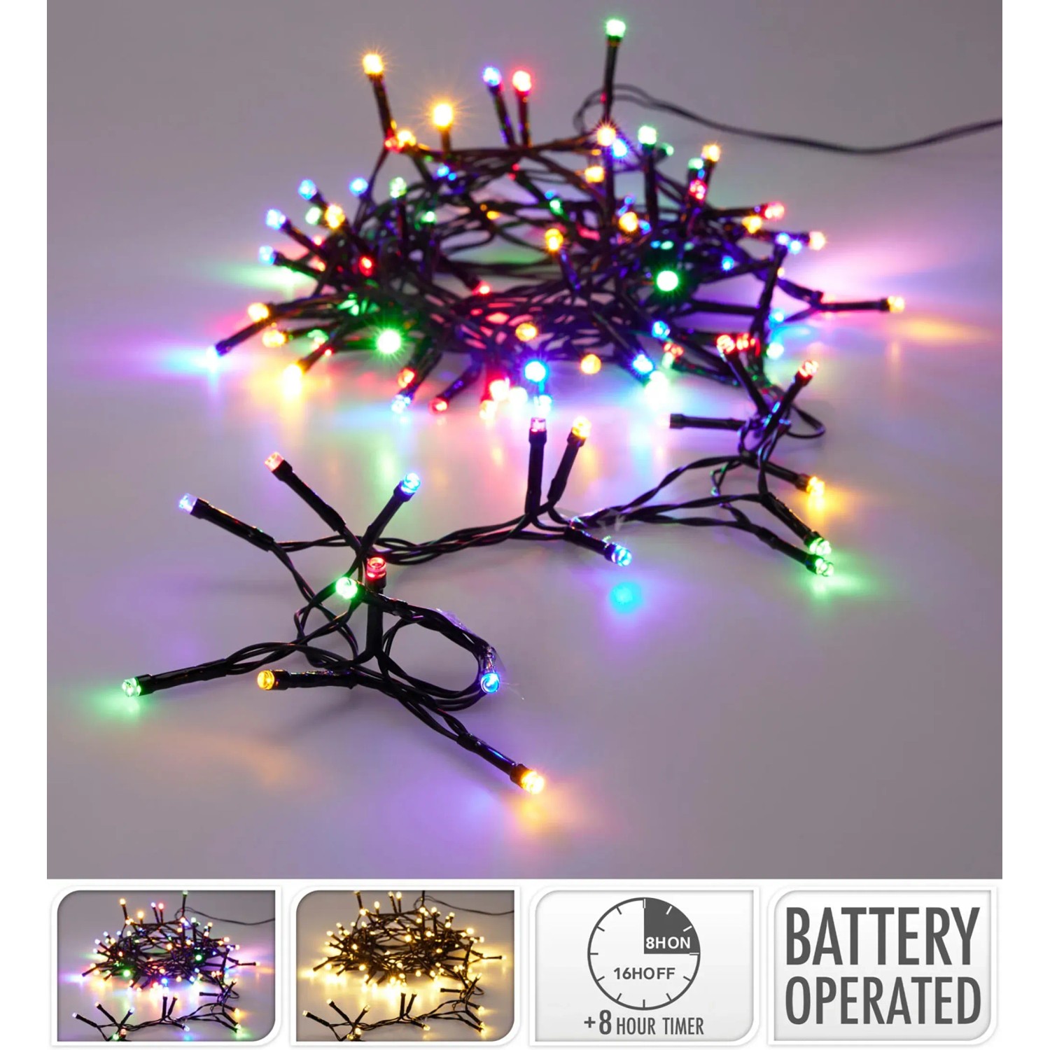 Lichterkette mit bunten LEDs, batteriebetrieben und mit Timerfunktion.