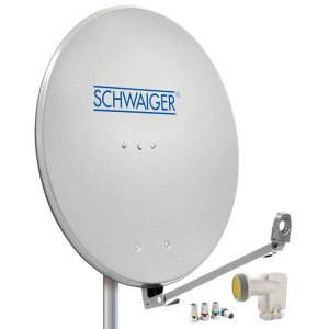 Hellgraues Schwaiger Antennen-Set 88 cm mit LNB und F-Steckern für SAT-Empfang bis 4 Teilnehmer.