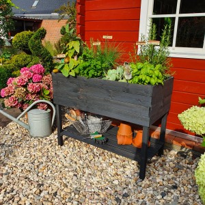 Anthrazitfarbenes Promadino Balkon-Kräuterbeet auf Beinen aus Kiefernholz mit Kräutern und Gartenzubehör.