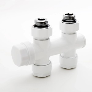 Weiße Glasdeals Anschlussgarnitur mit Thermostat für Heizkörper mit Mittelanschluss.