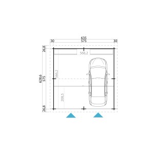 Grundriss der Lasita Maja Doppel Holzgarage Falkland Schwedenrot, mit Maßen und Auto.