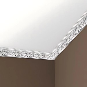Weiße PROFHOME Eckleiste aus Polyurethan (200 cm) als Deckenleiste im Rokoko/Barock Stil.