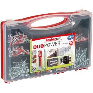 Fischer Dübel-Set Redbox DuoPower, 280-teilig, mit Dübeln und Schrauben in transparenter Box.
