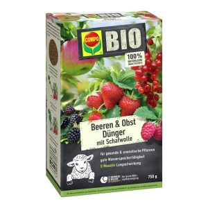Compo Bio Beeren Langzeit-Dünger 750g mit Schafwolle. Karton mit Beeren, Apfel und Schaf-Symbol.