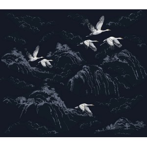 Laura Ashley Vliesfototapete Animalia mit Kranich-Motiv vor Berglandschaft.