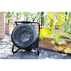Vitavia Elektroheizung Antares 3 kW, runde Gewächshausheizung mit Schutzgitter und Tragegriff.