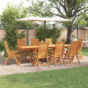 Braune vidaXL Garten Essgruppe aus Akazienholz mit Tisch, Stühlen und Sonnenschirm im Garten.