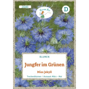 Saatgutpackung Jungfer im Grünen 'Miss Jekyll' mit hellblauen Blüten.