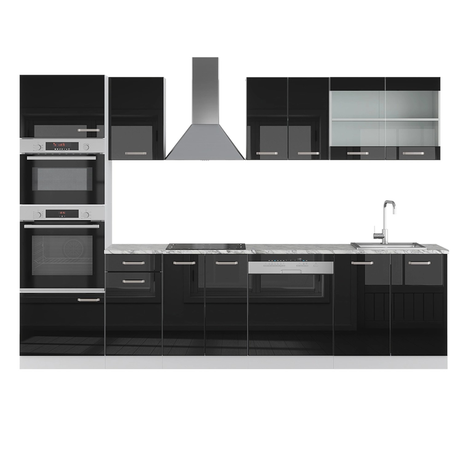 Vicco R-Line Küche Schwarz Hochglanz/Weiß 300 cm mit Hochschrankohne Arbeit günstig online kaufen