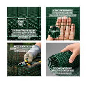 Grüner Maschendrahtzaun, 0,5x10m, 10x10mm Maschen, 0,8mm Draht, PVC-beschichtet, ideal als Kaninchendraht.