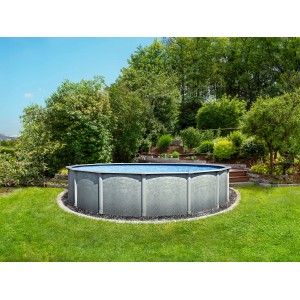 Steinbach Stahlwandpool-Set Grande (Ø 457 cm) im Garten mit grüner Wiese und Bäumen.
